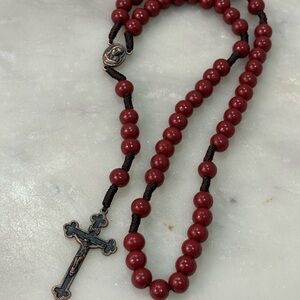 Red Beaded Rosary Necklace